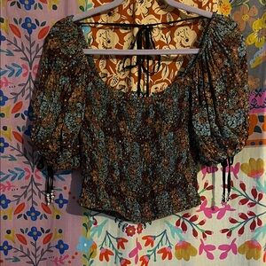 FREE PEOPLE Boho Orange/Red/Blue Cropped Floral Blouse With Ties Size XS